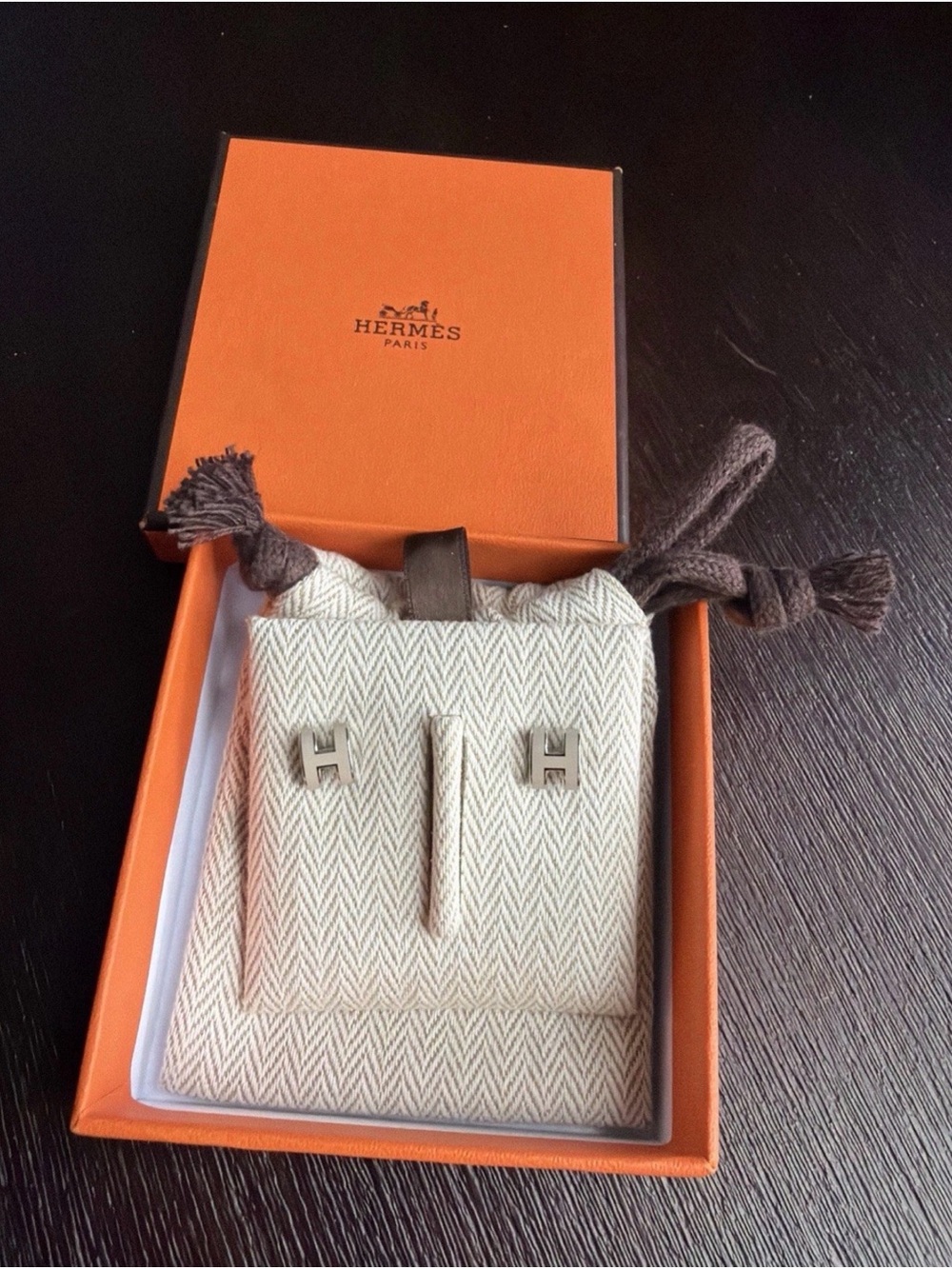 AUTHENTIC Hermes Silver H Stud Earrings with Orange Box